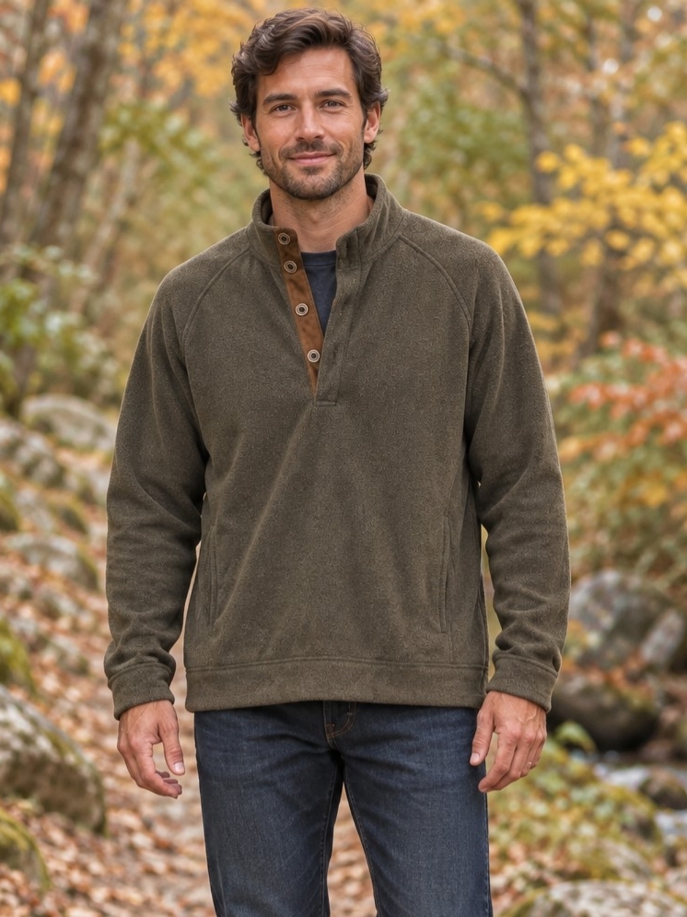 Roundtree & Yorke Men’s Pullover L Olive Snap Neck Fleece Hiking Gorpcore Fall